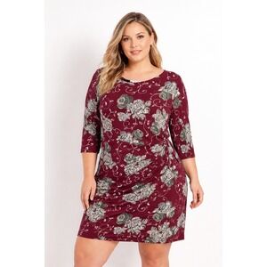 Robbie Bee Women XL Burgundy Floral Wrap Dress 3/4‎ Sleeve Casual Stretch